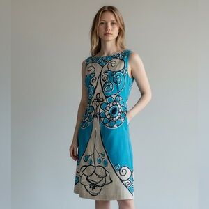 TRINA TURK shift dress, sz 6,sleeveless, turquoise with black design.All cotton